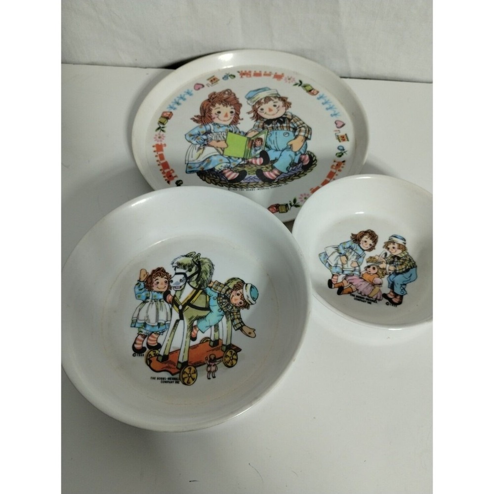 Vintage 1969 Raggedy Ann and Andy 3pc Melamine Dish Set Plate Bowls BobbsMerrill